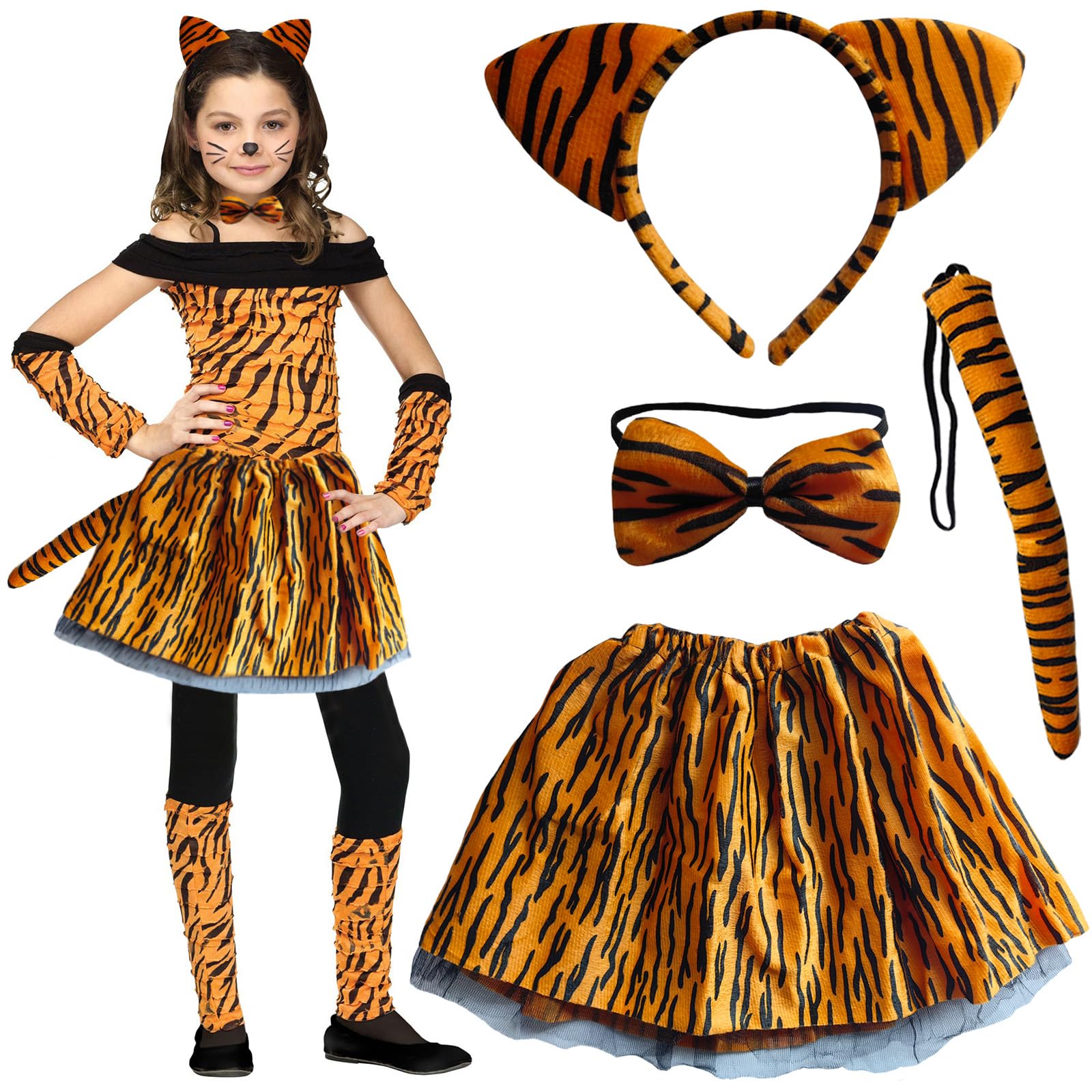 4 Pcs Girls Tiger Costume Set With Tutu Dress, Ears Headband, Bowtie, Tail - Animal Dress up Outfit for 3-10y Kids Carnival Halloween