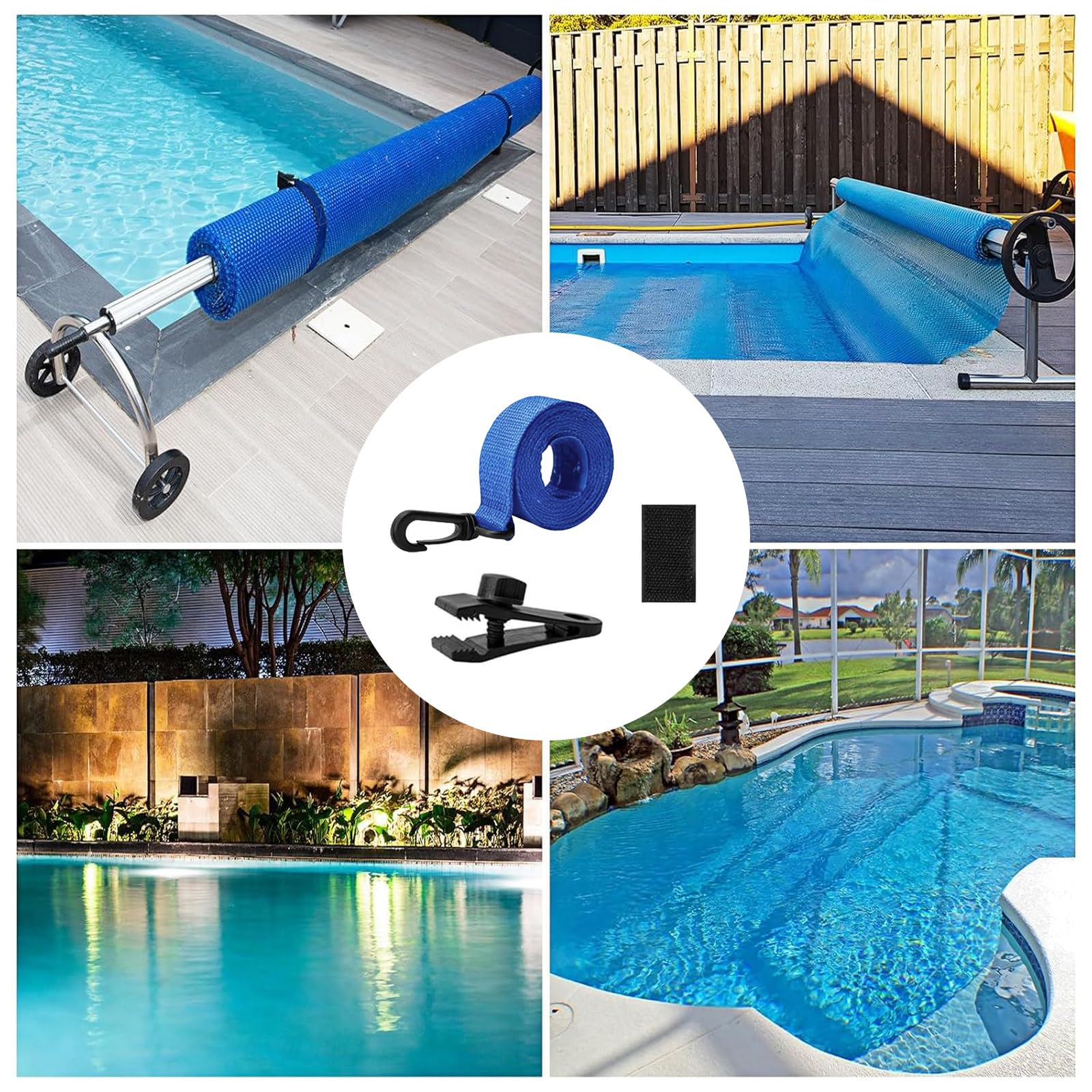 Fixation pour Bâche Solaire de Piscine,10 Pièces Kit de Sangles de Couverture Solaire,Enrouleur de Couverture Solaire,Sangles de Fixation,Pinces,pour Couvertures de Bâches de Piscine