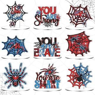 Kosiz 9 Pcs Halloween Spider Diamond Painting Tabletop Decorations Spider Diamond Art Kits for Adults Double Sided Acrylic Halloween Centerpieces for Table Desktop DIY Home Crafts Gifts Party Decor