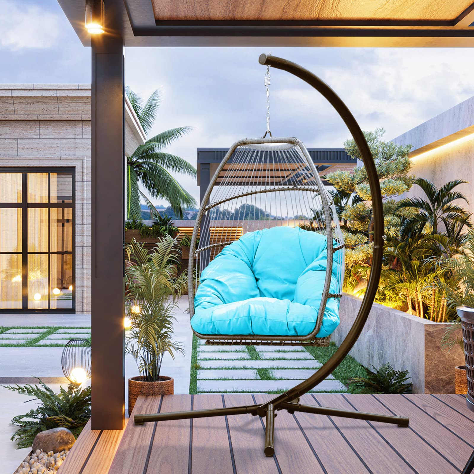 Egg Chair with Stand, Egg Hammock Chair Swing, Indoor Outdoor Hanging Egg Chair with Uv Resistant Cushion & Steel Frame, Wicker Rattan Egg Chair for Bedroom, Garden, Balcony, Patio 350lbs, Blue