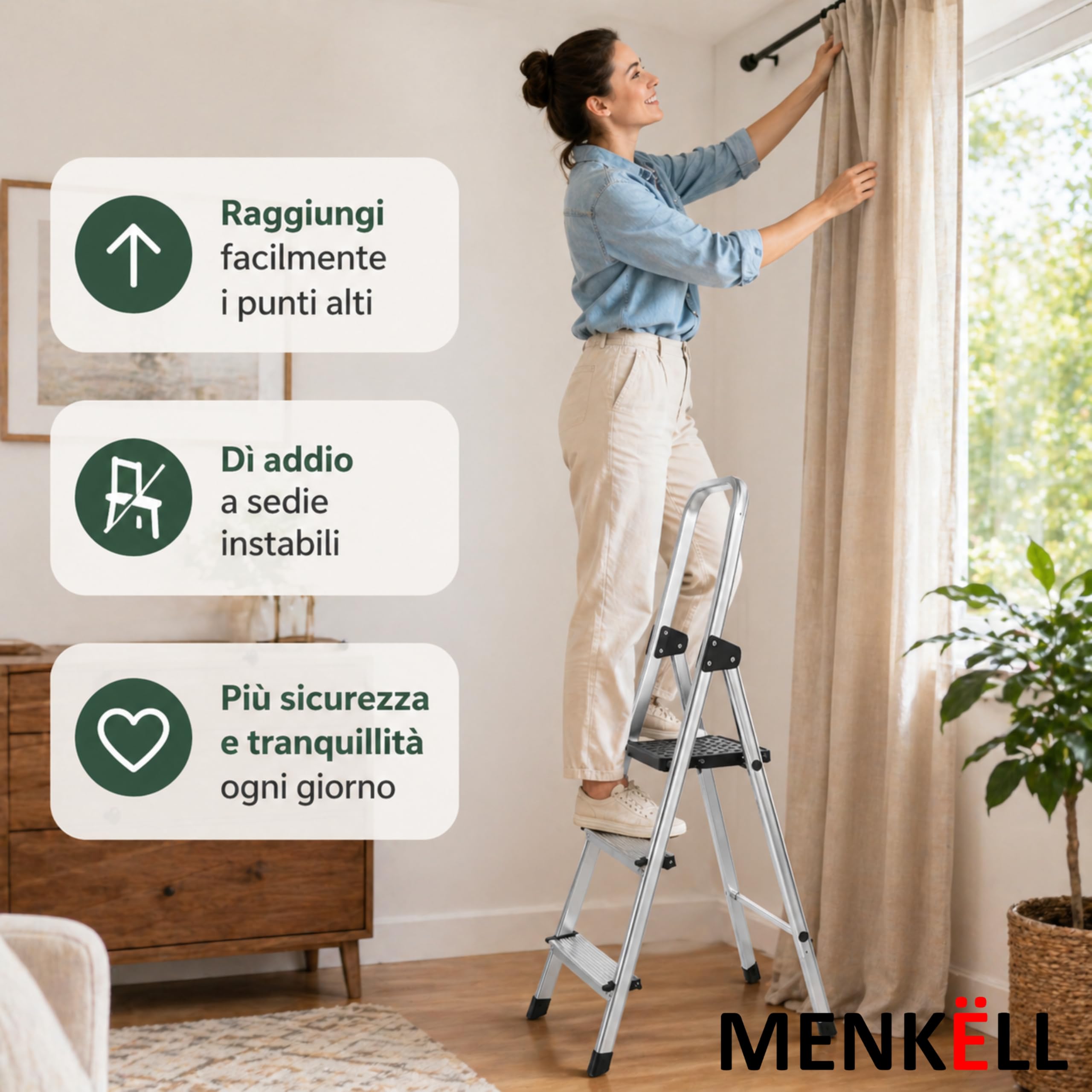 Scala in Alluminio 4 Gradini - Portata 150kg, Certificata EN131 - Antiscivolo, Ultraleggera e Salvaspazio - Uso Domestico e Lavorativo - Pratica da Aprire, Chiudere e Riporre (1 Scala, 3+1 Gradini)