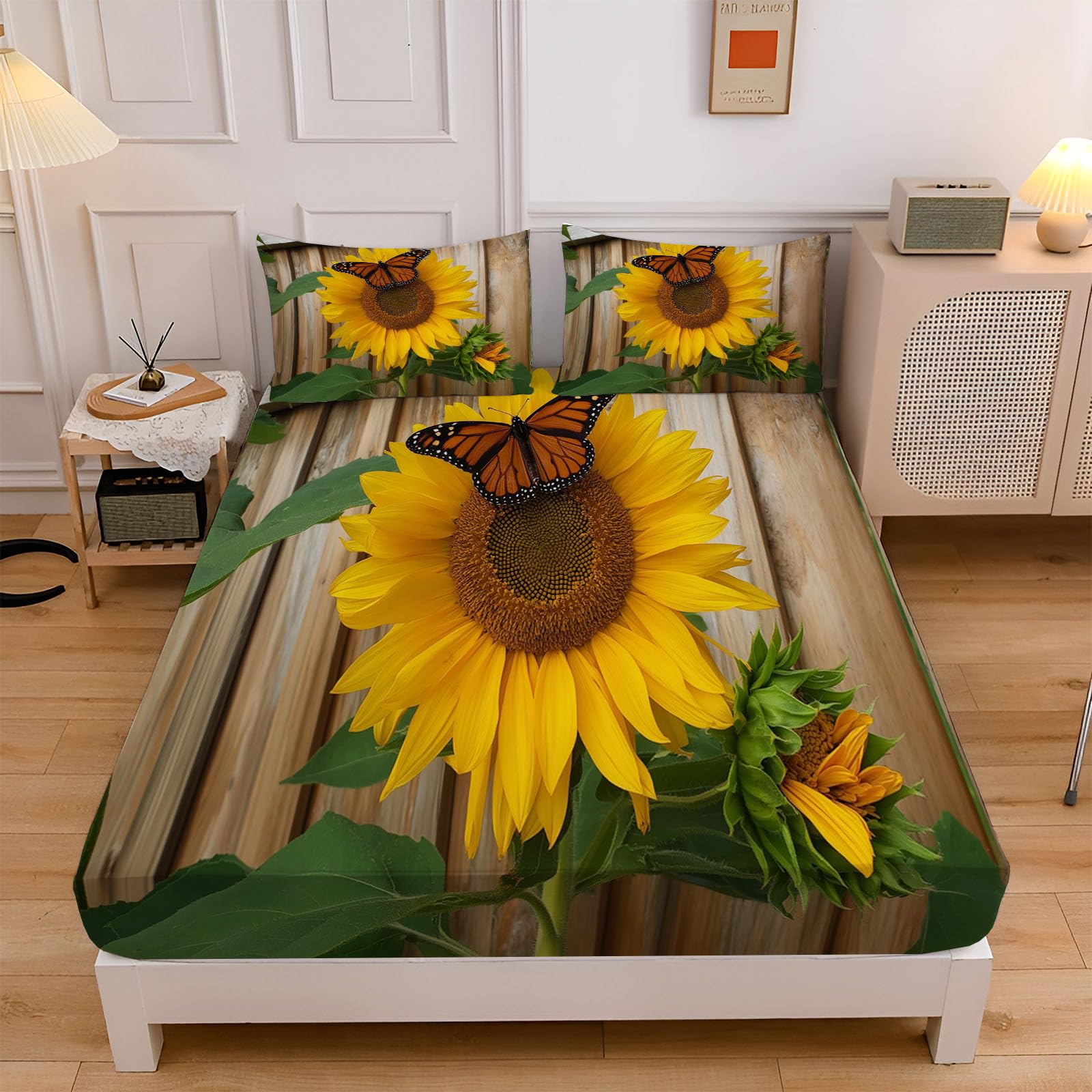 Sábanas 200X190/200Cm - Juego De Sábanas 3 Piezas Estampadas Mariposa Girasol - Microfibra Suave Transpirable - Sábana Bajera Ajustable - Ropa De Cama Plantas Del Campo (Bronceado)