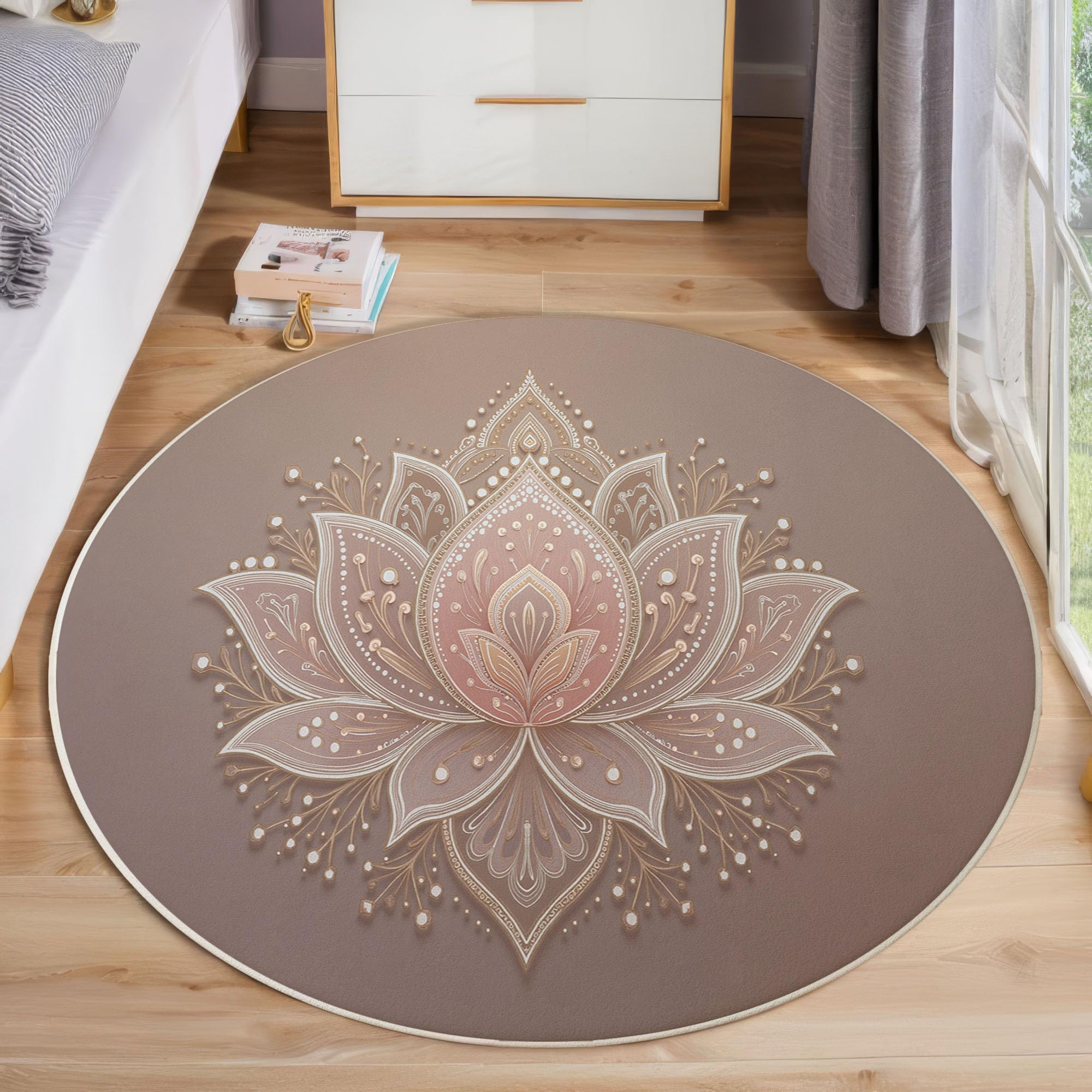 Tapis rond lotus mandala 120 cm lavable en machine pour salon