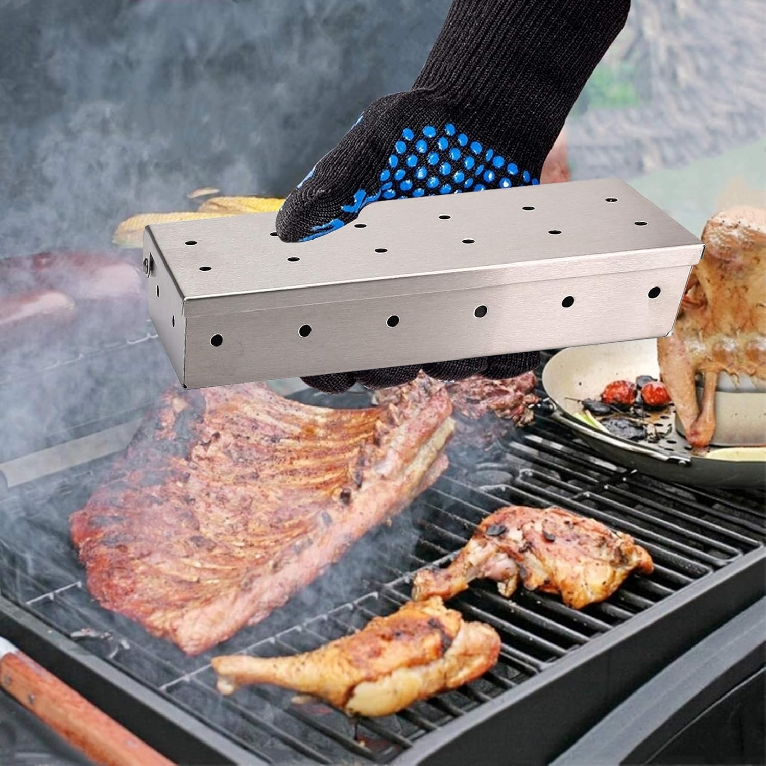 BBQ Smoker Box,Stainless Steel Smoke Box,BBQ Smoker Box for Chips and