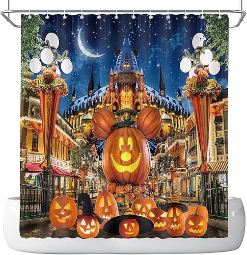 Miniatura 2 de Cortina de ducha de Halloween para baño, niños, caricatura, calabaza, sombrero de mago, luna, castillo, estrella, lámpara de calle, decoración de