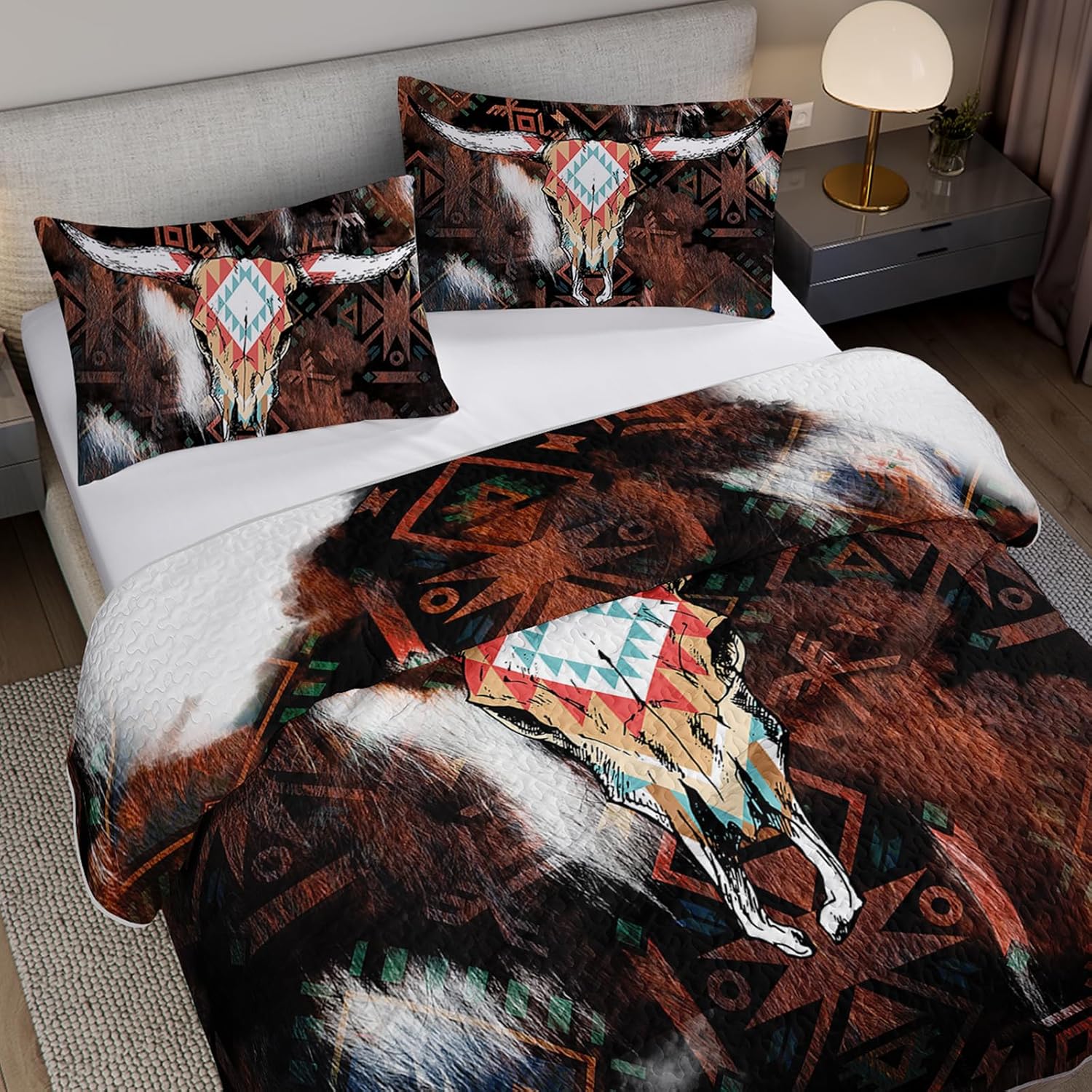 Highland Cow Skull Quilt Set,Western Bull Skull Bedspread,Geometric Boho Cow Head Bedding for Boys Kids,Southwestern Vintage Tribal Bed Coverle,Farmhouse Country Bed Set with 2 Pillow Shams