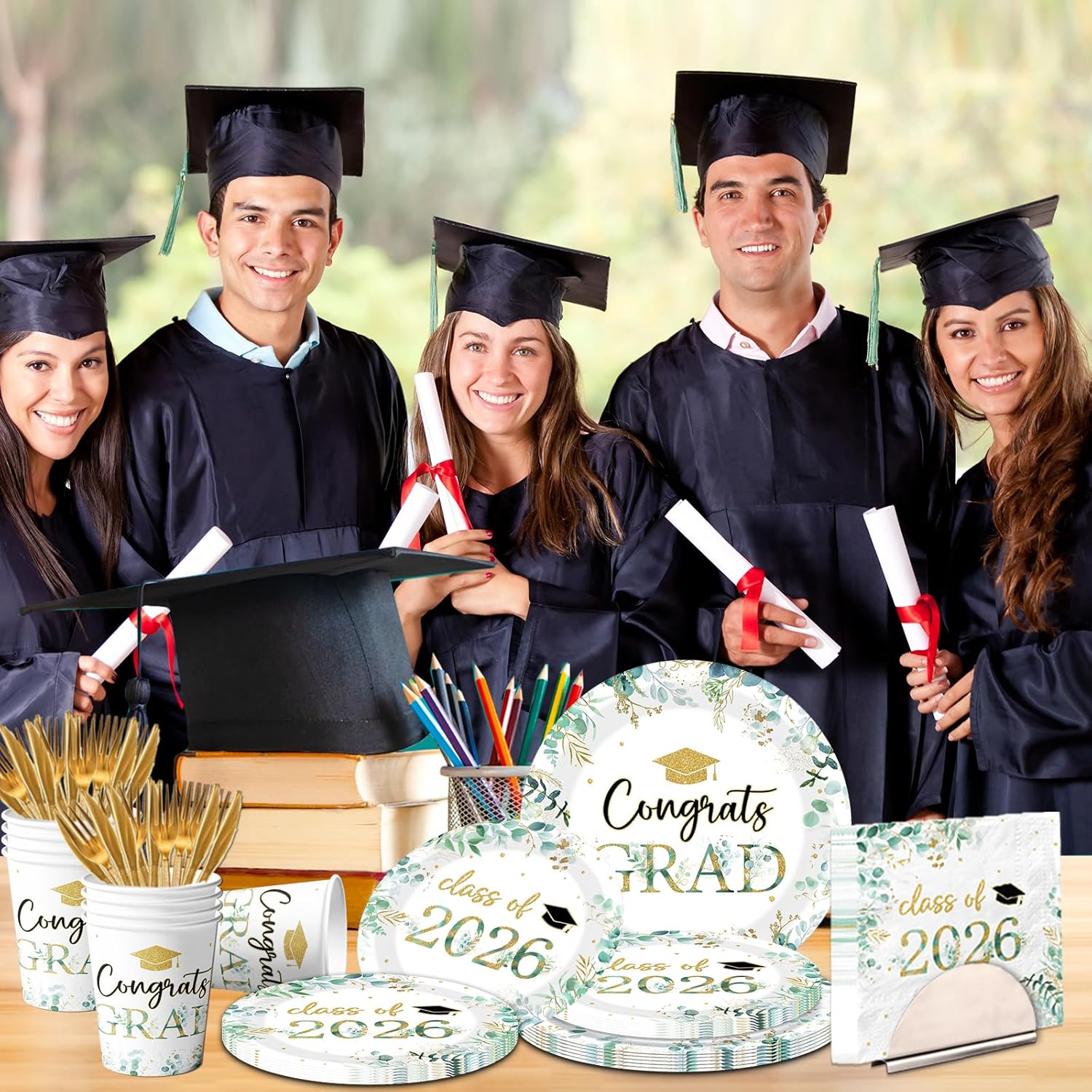 Sage Green Graduation Gecorations 2026 Congrats Grad Class of 2026 Plates and Napkin Sage Green Leaves Graduation Disposable Cup Knives Forks for College High School Grad Party Supplies