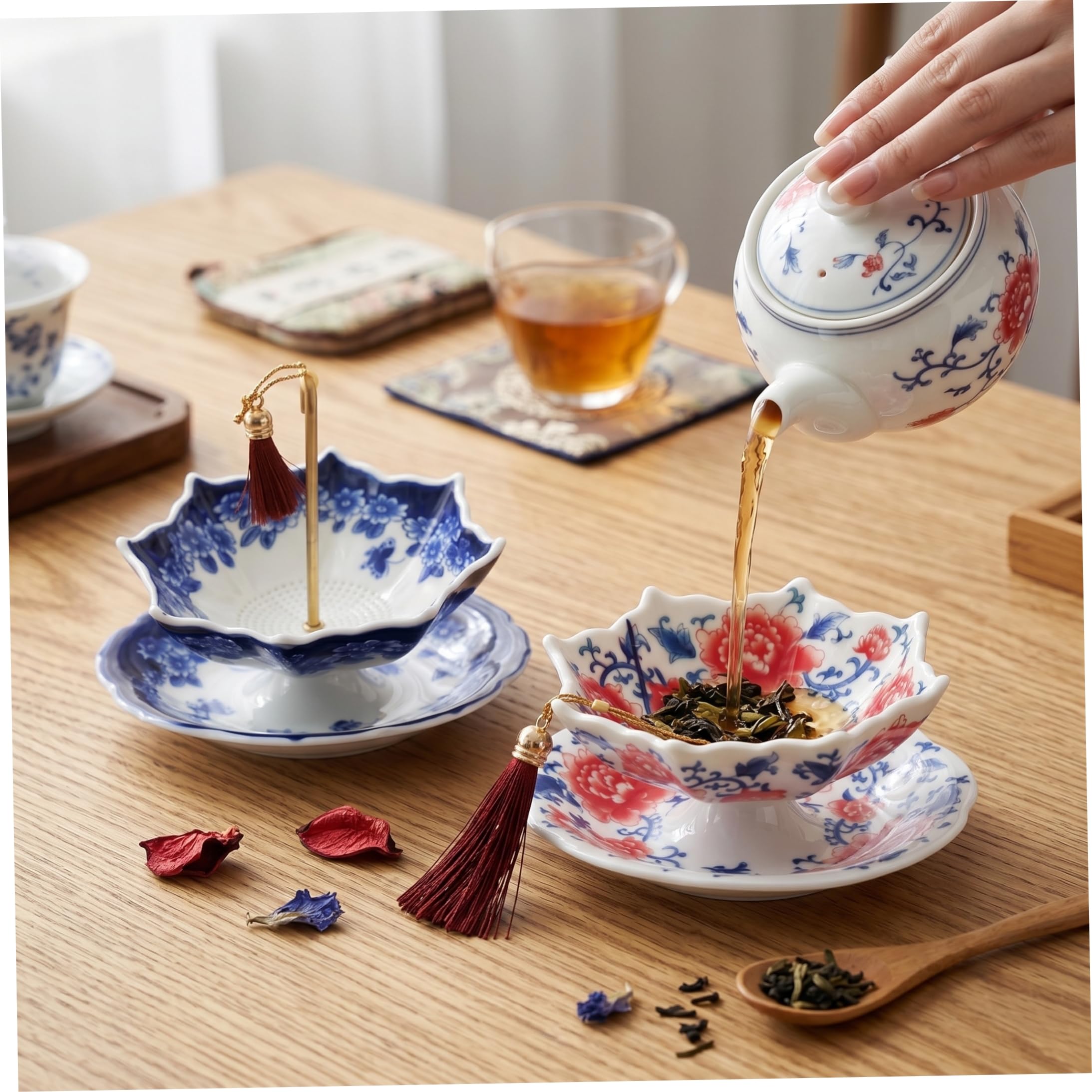 2er-Pack Teeschirme, florale Keramik-Teesiebe für loses, exquisites Porzellan-Set mit Abtropfböden für die Teestube im Heimbüro (2 Stile), Sieb