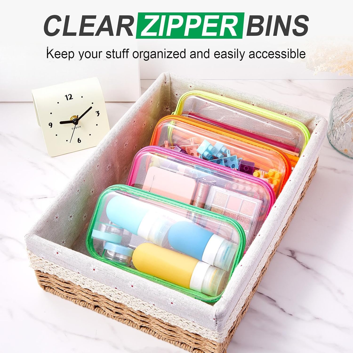 Hoolerry 4 Pcs Hard Clear Zipper Case Makeup Bags Plastic Zipper Pouch Transparent Storage Box Containers for Cosmetics, Snacks, Building Blocks, Puzzles(Clear,7.5 x 3.9 x 2 in,Fluorescent)