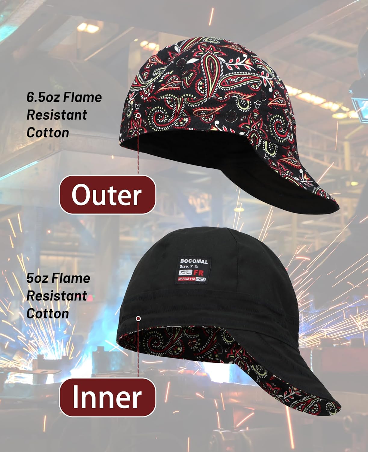 BOCOMAL FR Welding Cap Paisley Printed CAT2 Flame Resistant Midweight 6 Pannel Welder Caps - Image 2