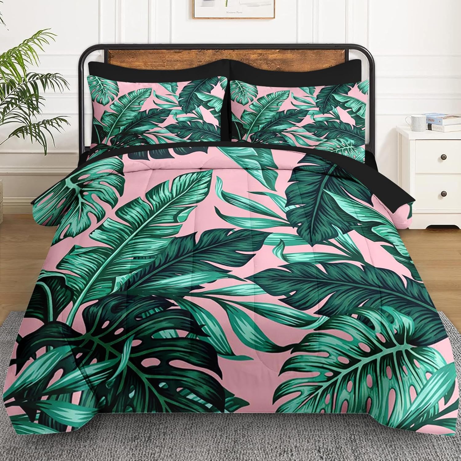 7 Pcs Full Size Comforter Set with 2 Pillowcases & 2 Shams, Tropical Green Leaves Bedding for Kids and Adults, Hawaiian Palm Leaf Bed in a Bag with Flat Fitted Sheet - Image 2