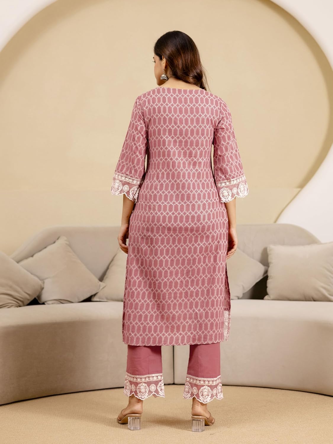 TRENDMALLS Women’s Pure Cotton Geometric Block Print Kurta Pant with Dupatta Set | Embroidery Neck Work Kurta Set Ethnic Wear