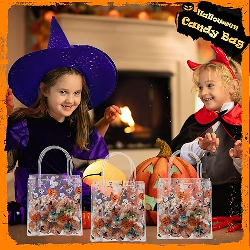 Miniatura 5 de Silkfly 50 bolsas de regalo transparentes de Halloween con asa, bolsas reutilizables de PVC para Halloween, compras, bodas, fiestas de cumpleaños
