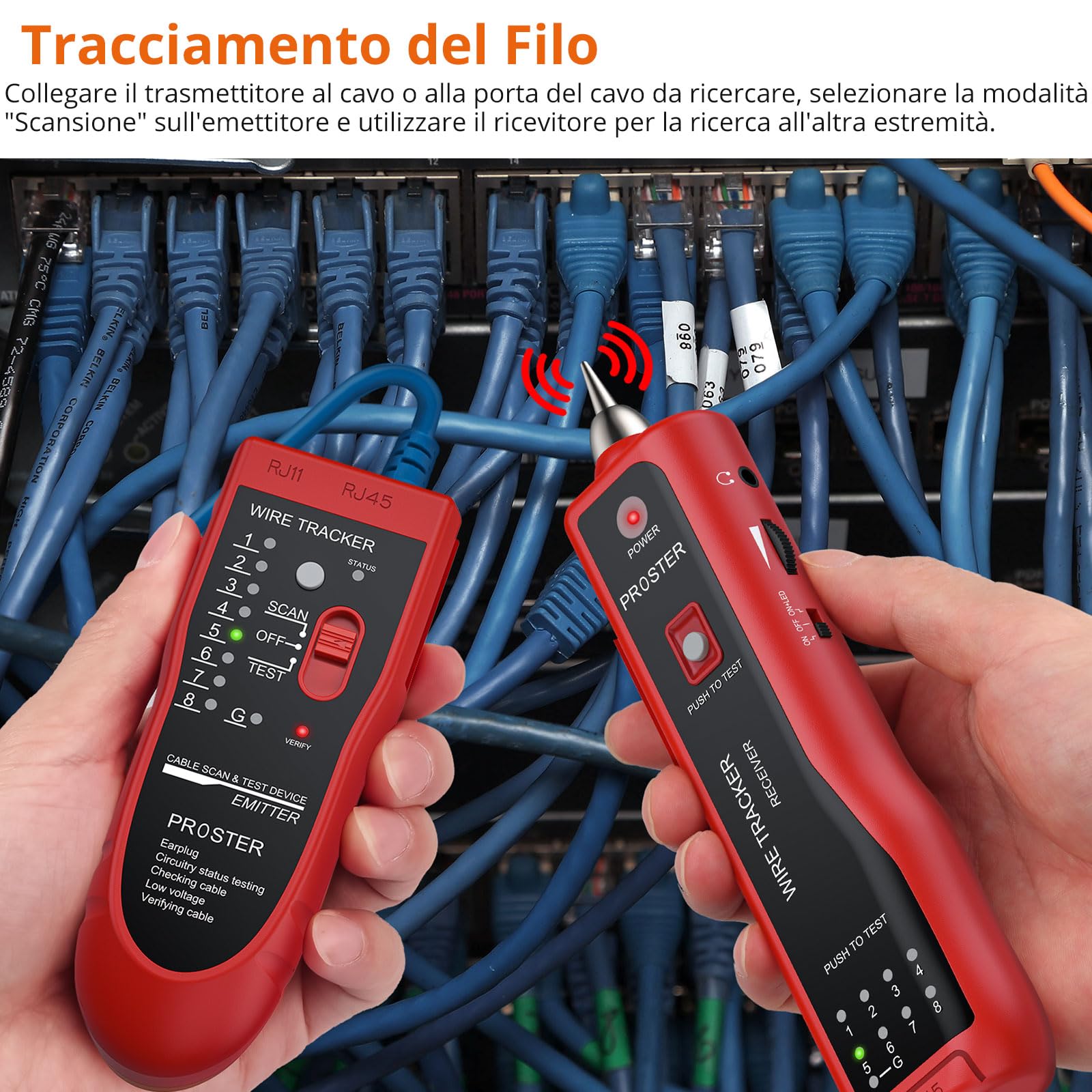 Proster Tester Cavo RJ45 RJ11 con Cuffie Tracciatore Tester Cavi Rete LAN Cavo RJ Portatile Localizzatore Cavo Cellulare Telefono Alta Sensibilità per LAN Ethernet BNC RJ45 RJ11-Rosso