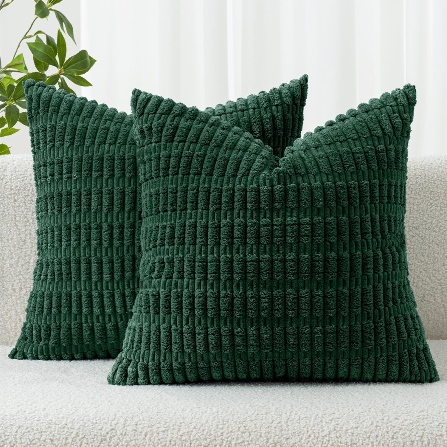 miulee pack of 2 christmas dark green corduroy decorative pillow covers 18x18 inch soft boho striped throw pillow covers modern farmhouse home decor for sofa living room couch bed 18" x 18" (pack of 2) dark green 2