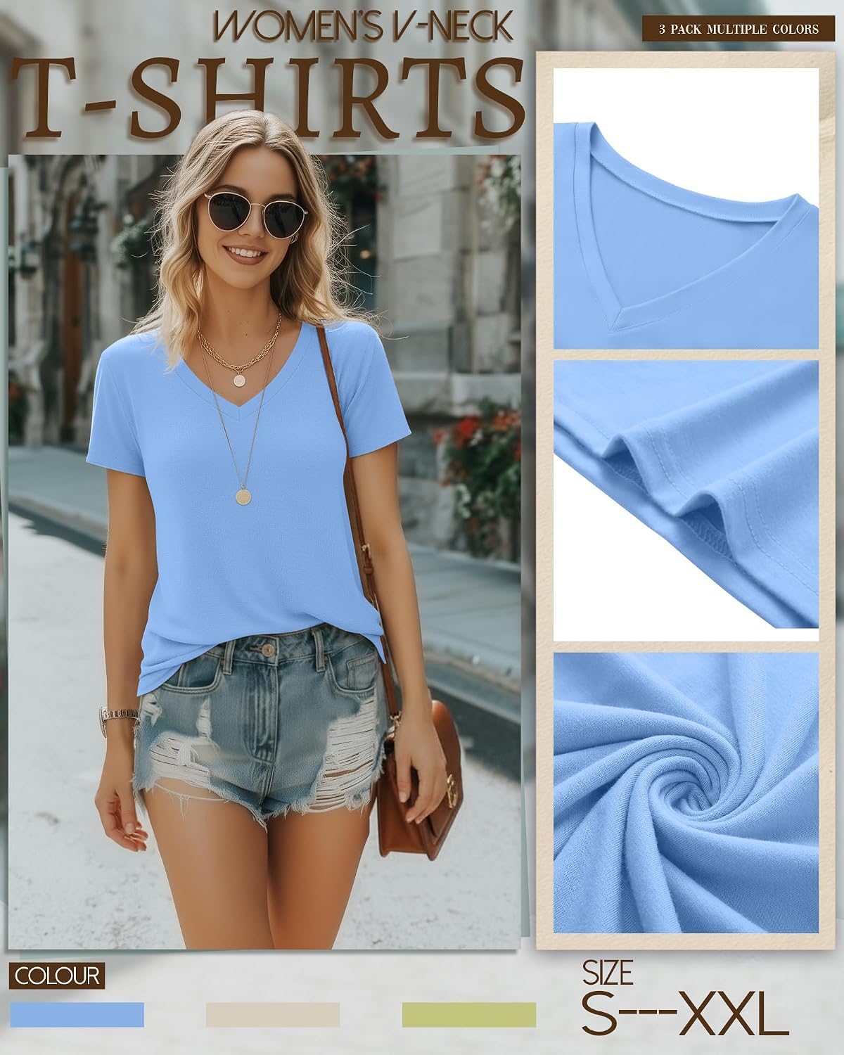 Riyiper 3 Pcs Womens V Neck Loose Fit T-Shirts Short Sleeve Tops image 4
