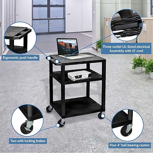 Miniatura 3 de Offex Carrito de presentación eléctrico multiusos de 34 pulgadas de alto con 3 estantes, color negro, ideal para proyectores de video, TV, laptop,