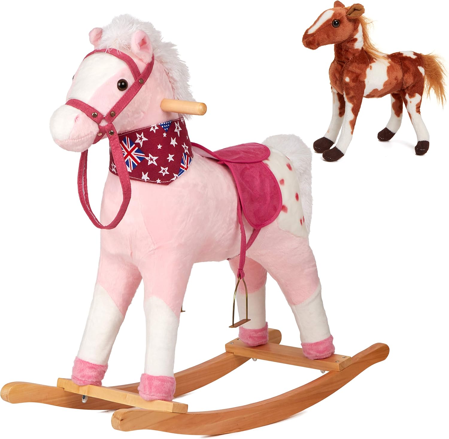 SpecialYou Rocking Horse Wooden Plush Stuffed Animals Toy -Set of 2, Boy Girl Kids Ride on Toys for 1+ Years Old, 29" Lx12 Wx29 H, Pink