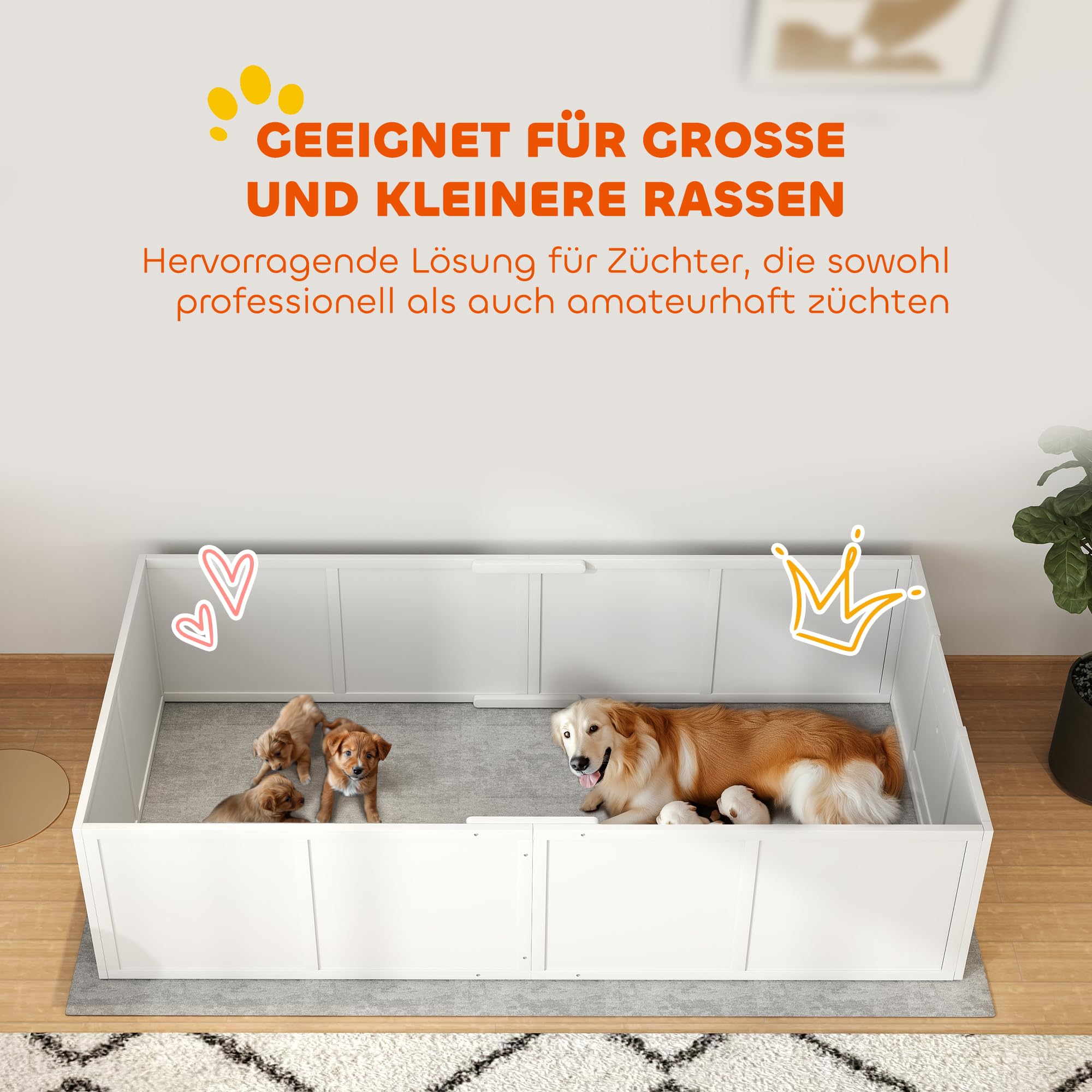 PawHut Wurfkiste für Welpen rutschfest für Große Hunde 196x96x48 cm Weiß | Wurfbox Welpenlaufstall, mit Verstellbarer Tür, Hundelaufstall Welpenauslauf
