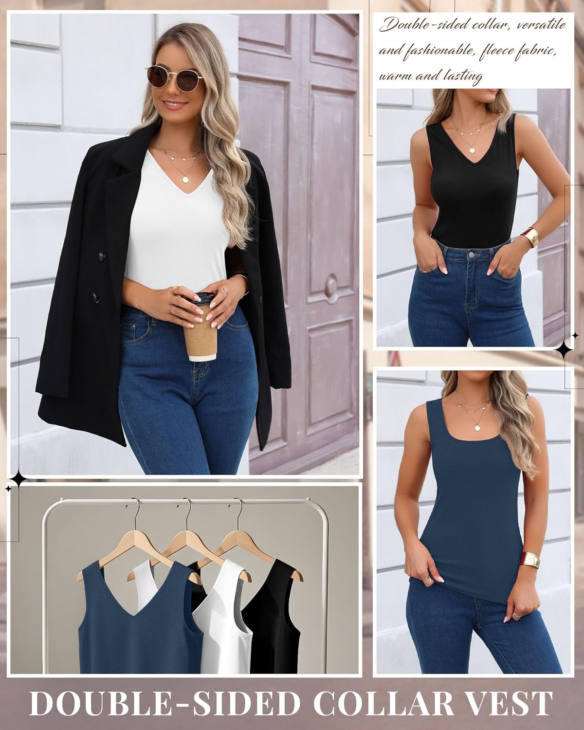 3 Pcs Women's Thermal Tank Tops Fleece Lined Sleeveless Underwear Vest Reversible U/v Neck Warm Base Layer Camisole(Black, White, Dusty Blue,Small) - Image 6