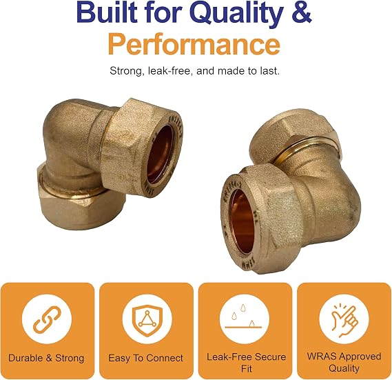 PlumbEZ 15mm Compact Compression Elbow Fittings – Brass 90° Plumbing Bend for Copper & Plastic Pipe | Leak Proof Compression Joints for Water, Gas & Heating Systems (2)