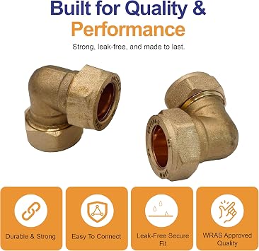PlumbEZ 15mm Compact Compression Elbow Fittings – Brass 90° Plumbing Bend for Copper & Plastic Pipe | Leak Proof Compression Joints for Water, Gas & Heating Systems (2)
