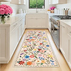 Runner Rug for Entryway: 2.6x8 Kitchen Rugs Non Slip Washable Ultra-Thin Soft Floral Carpet Indoor Floor Stain Resistant Carpets for Hallway Bedroom Kitchen Laundry Bathroom Dorm Beige