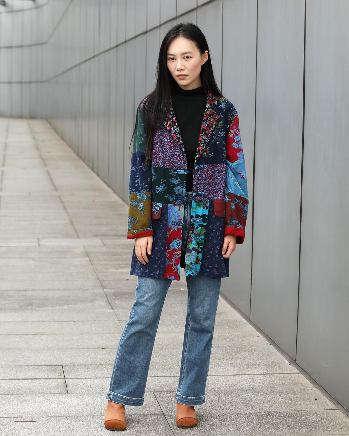 Womens Blazers Casual Open Front Long Sleeve Floral Jackets with Patchwork Color Block & Pockets - Image 3