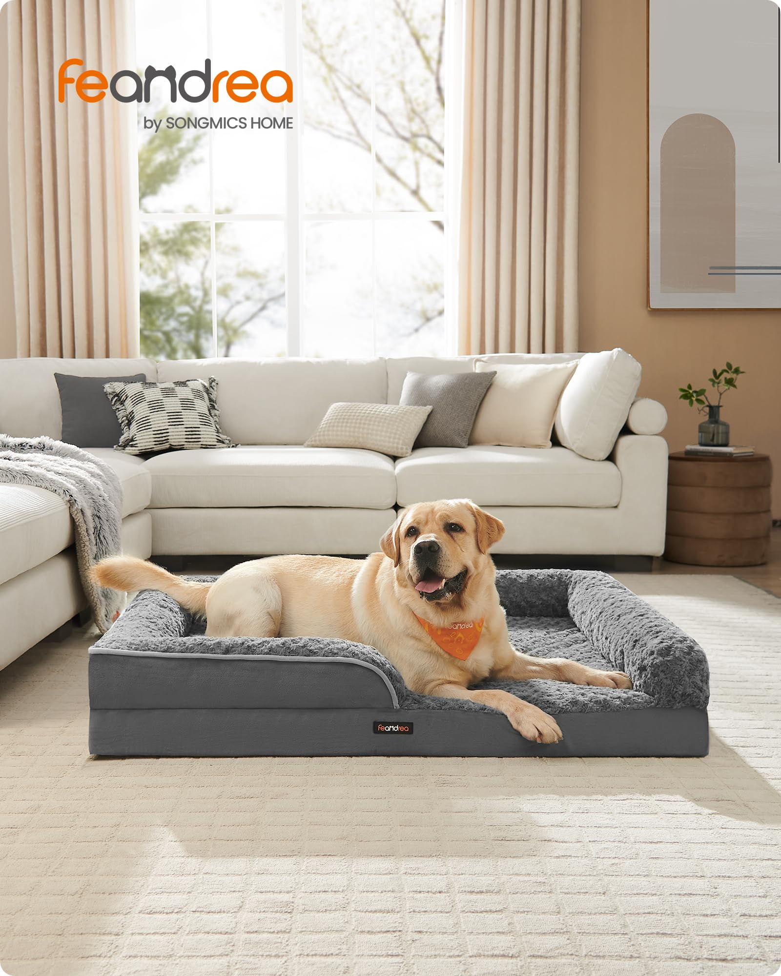 Feandrea Cuccia Cane Interno, Cuccia per Cani, Lettino per Animali, Ortopedico con Gommapiuma Ondulata, Bordi Rialzati, Copertura di Peluche Sfoderabile,122 x 89 x 18 cm, Grigio Ardesia PGW254G02