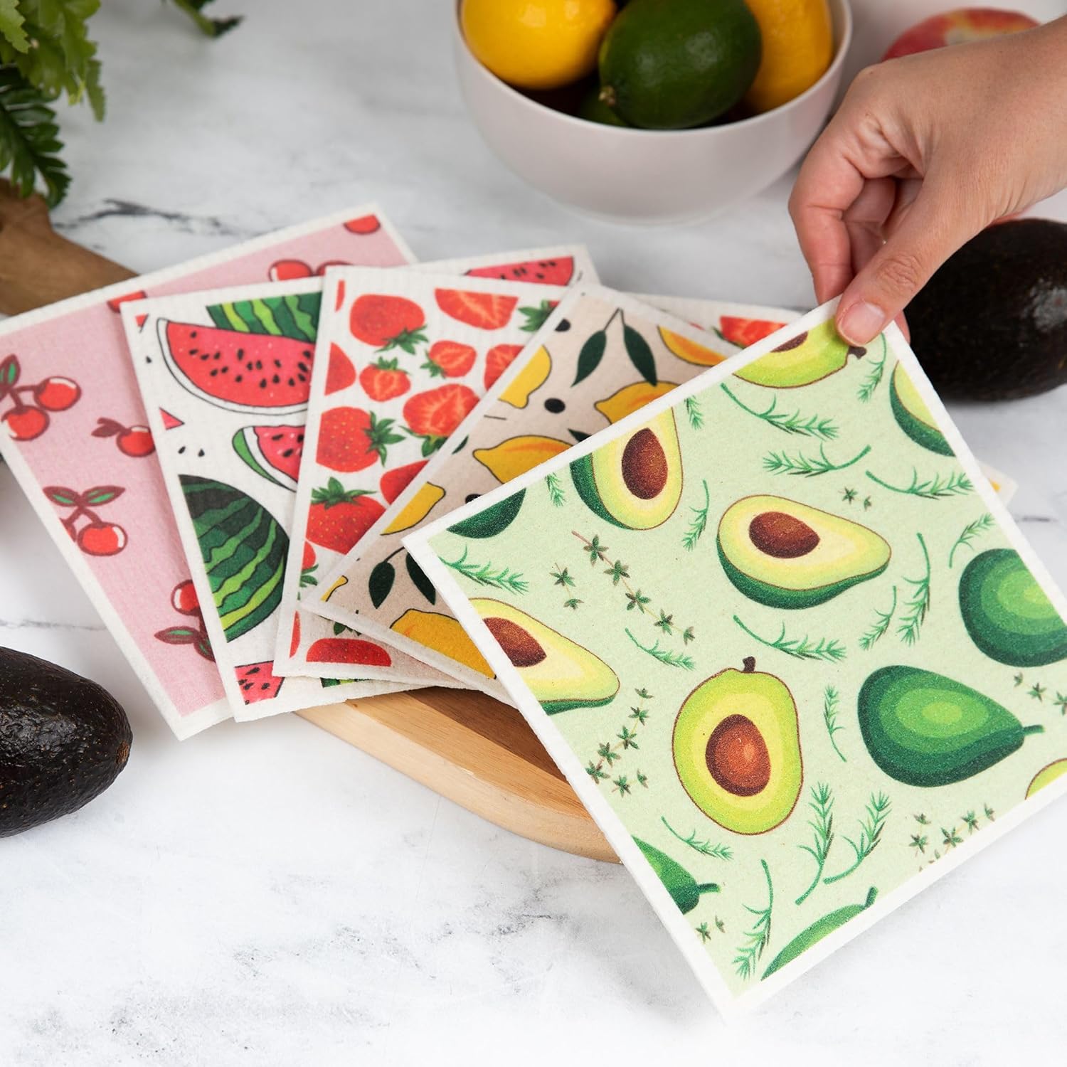 5 Pack Natural Highly Absorbent Eco Friendly Sustainable Biodegradable Swedish Dishcloth Sponge Reusable Paper Towels. Assorted Fruit Designs are NOT Edible!
