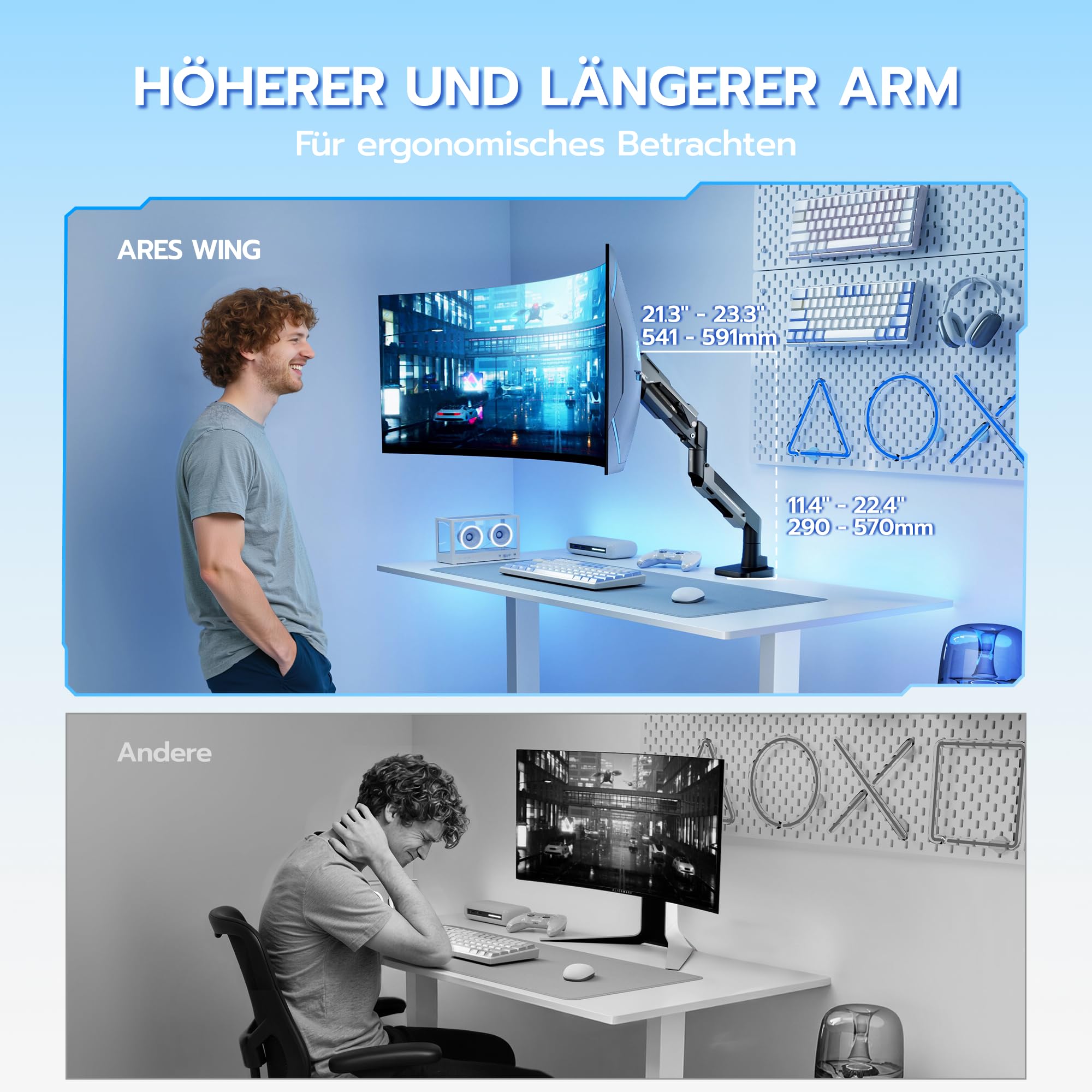 ARES WING Monitor Halterung für 24-57" Bildsch, Schwarz | Monitor Arm mit Gasfeder, Monitor tischhalterung bis 30 kg, VESA Max bis 200x200