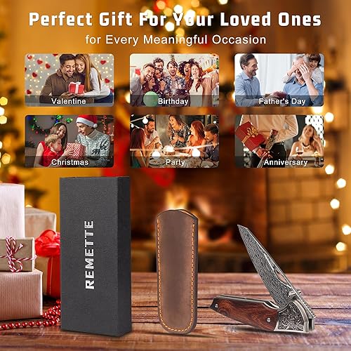 Miniatura 4 de Cuchillo de bolsillo de Damasco regalo del día del padre, cuchillo plegable EDC con estructura de titanio, diseño de pasador de pivote oculto, mango