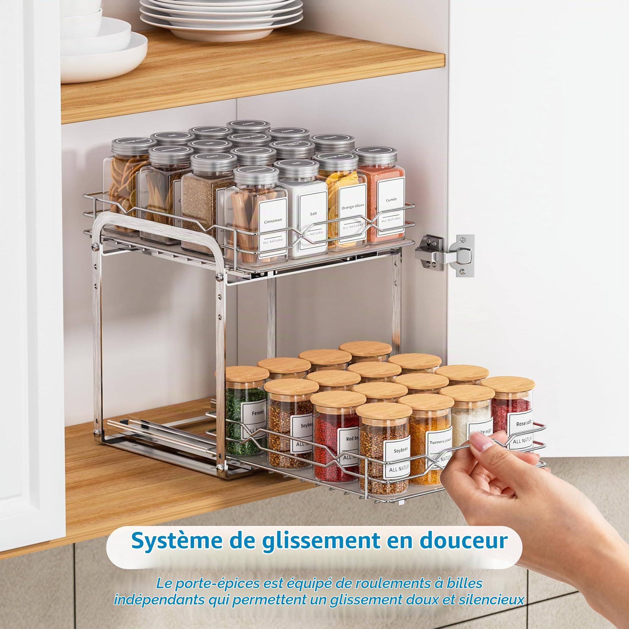 Étagère À Épices Pour Intérieur D'armoire, Organiseur De Placard Coulissant, Étagère À Épices À 2 Niveaux, Organiseur À Épices En Acier Inoxydable À Hauteur Réglable, P23,4*L26.4*H25CM