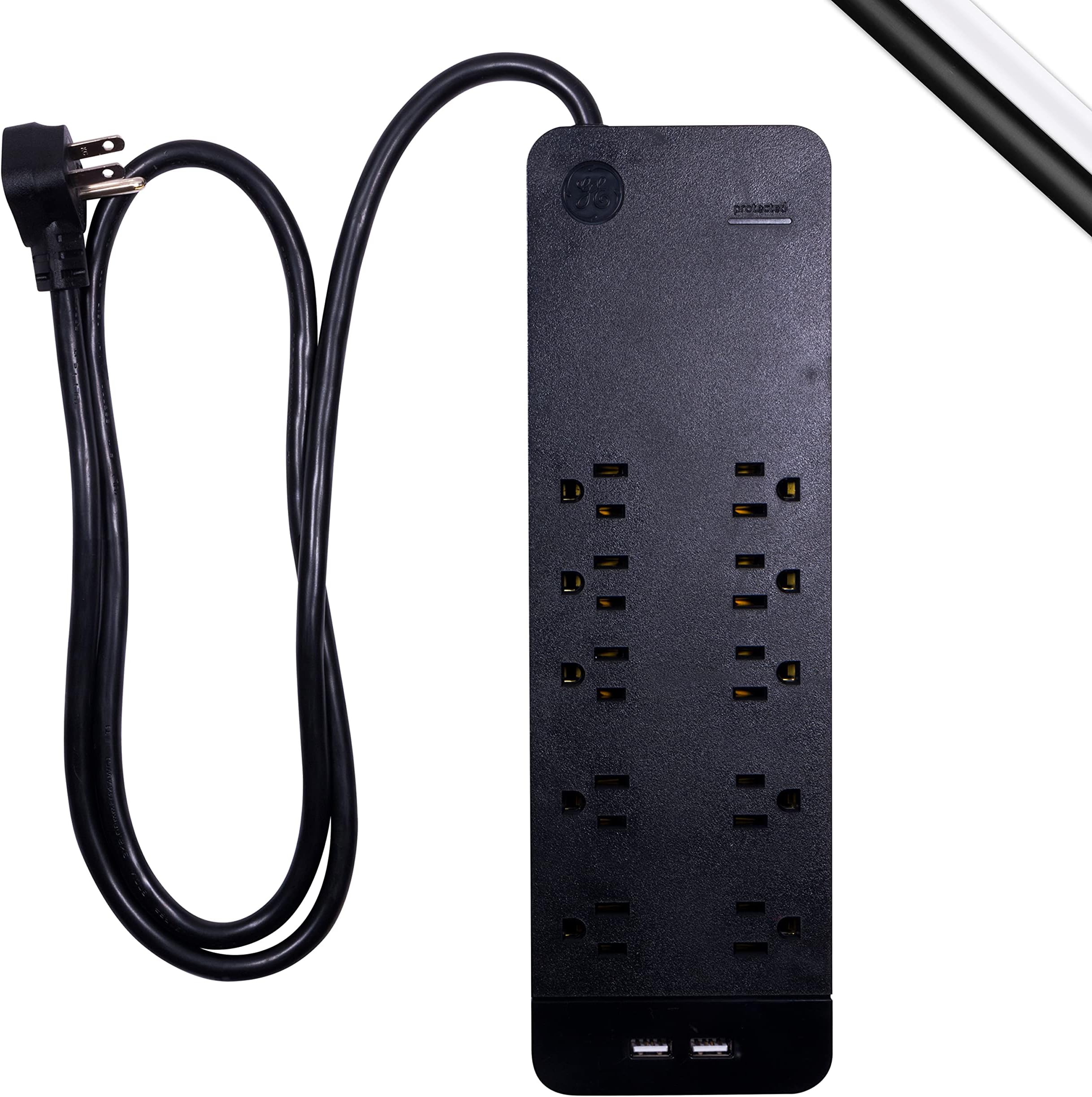 GE 10-Outlet Surge Protector, 4 Ft Extension Cord, 3540 Joules, Power Strip, Flat Plug, Integrated Circuit Breaker, Wall Mount, UL Listed, Black, 37746