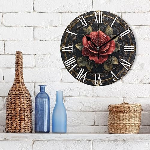 Miniatura 3 de KLL Retro Red Rose 10 Inch Round Home Wall Clock noiseless Decor for Home School Office relojes de pared para cocina