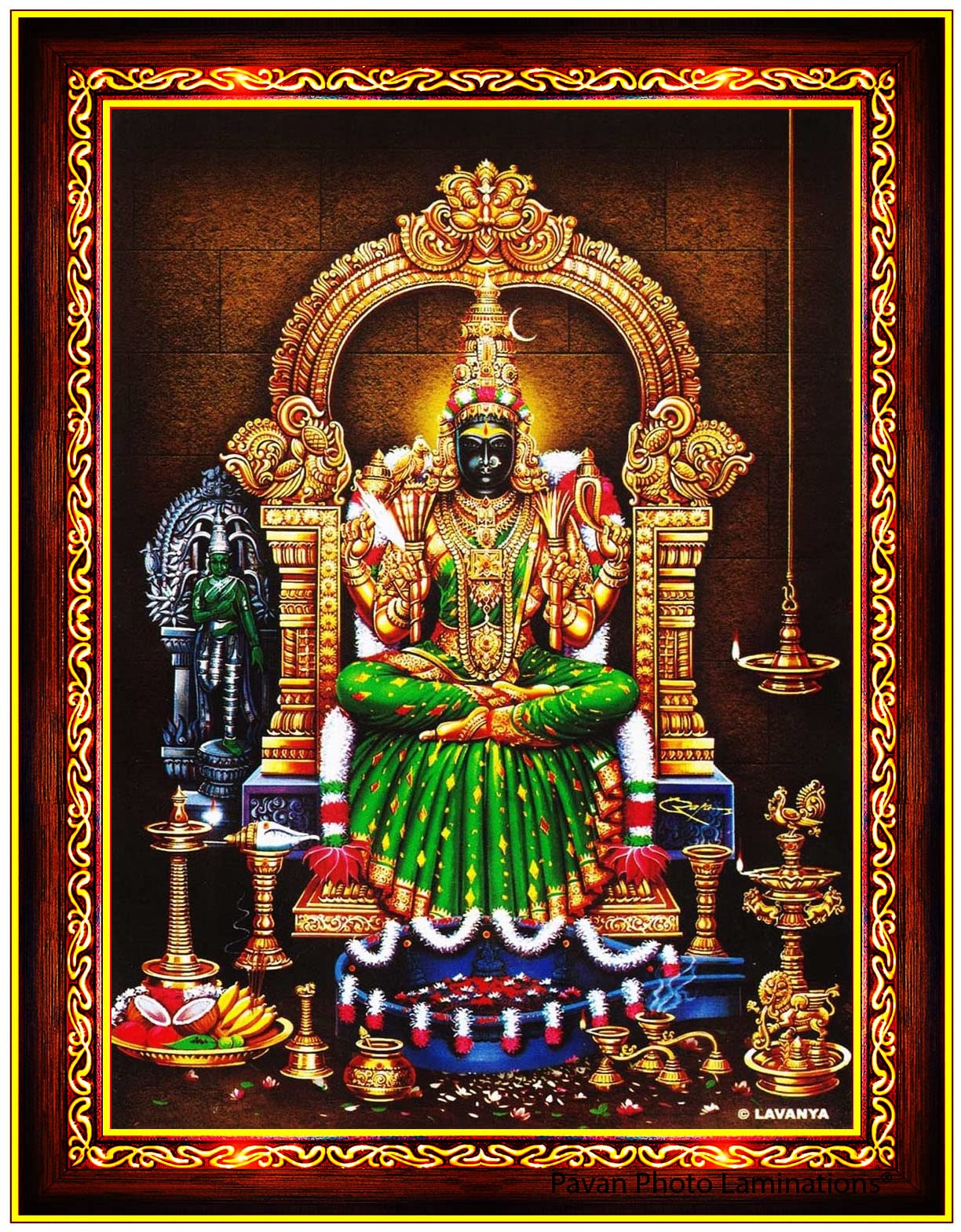 Pavan Photo Laminations Kanchi Kamakshi Kamachi Amman Kanji Kamatchi Wall Painting Framed Home Decor (Wood,Matte,Brown,Big Size,10 x 12 Inch) B200M