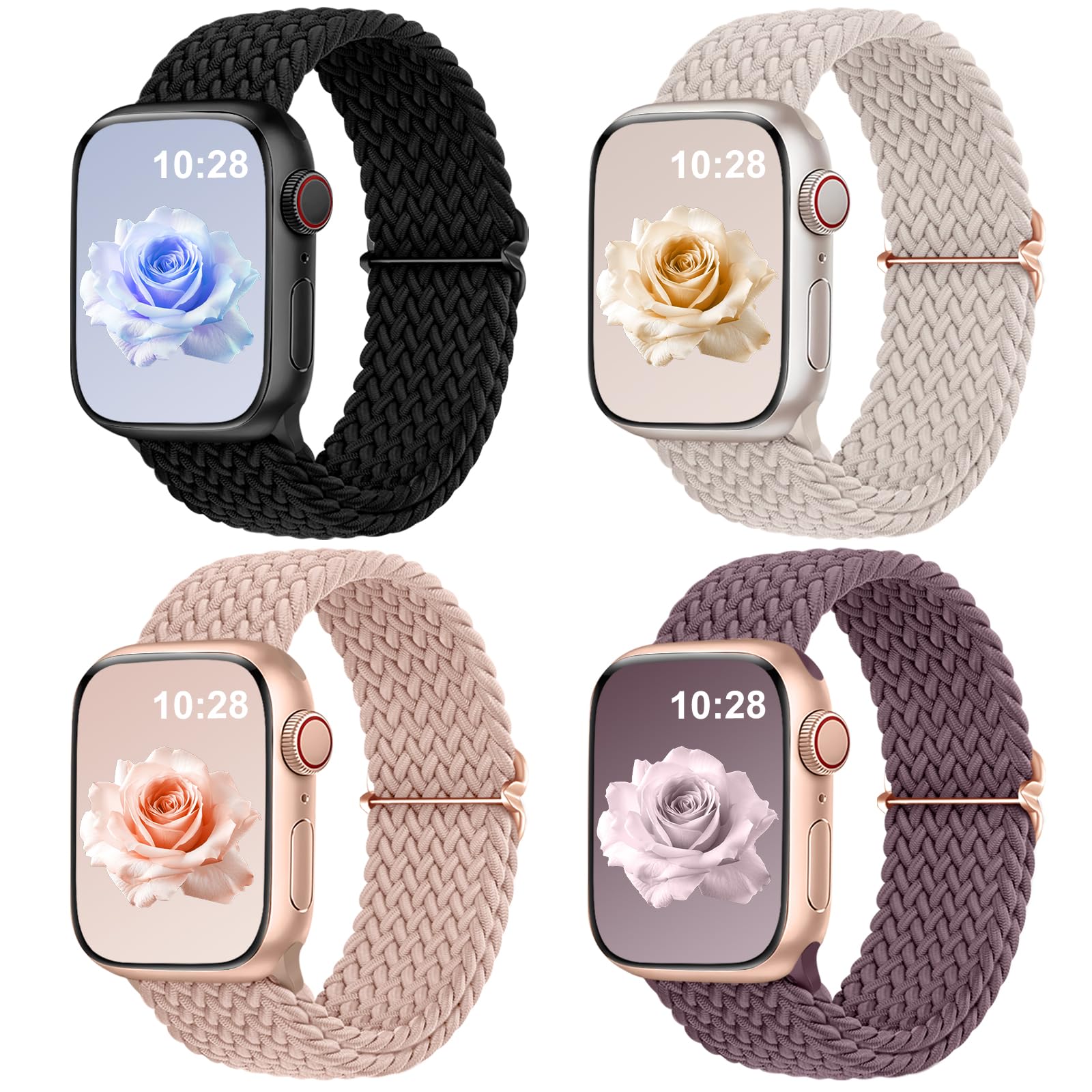 DaQin 4 Pack Braided Stretchy Solo Loop for Apple Watch Bands Women Men 40mm 41mm 42mm 44mm 45mm 46mm 49mm 38mm, Soft Nylon Elastic Sport Strap for