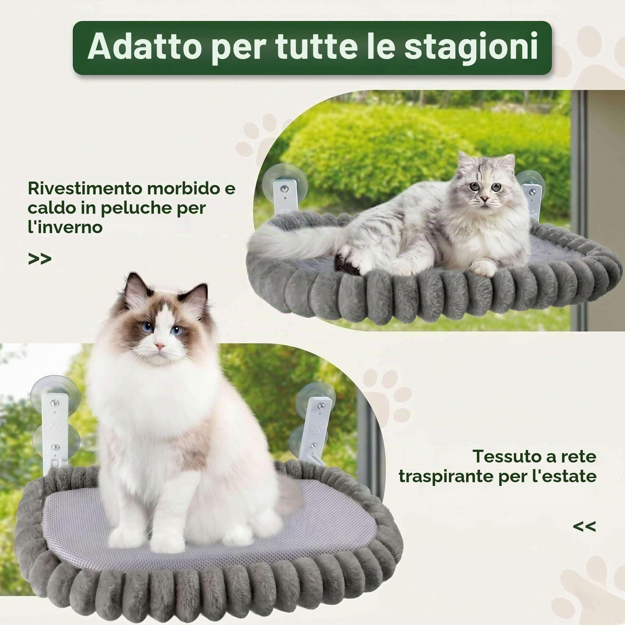 Amaca per Gatti da Finestra 52x30cm, Ventose, Coniglio, Grigio | 4 ventose potenti, design pieghevole, supporto fino a 18 kg, cuscino soffice e lavabile