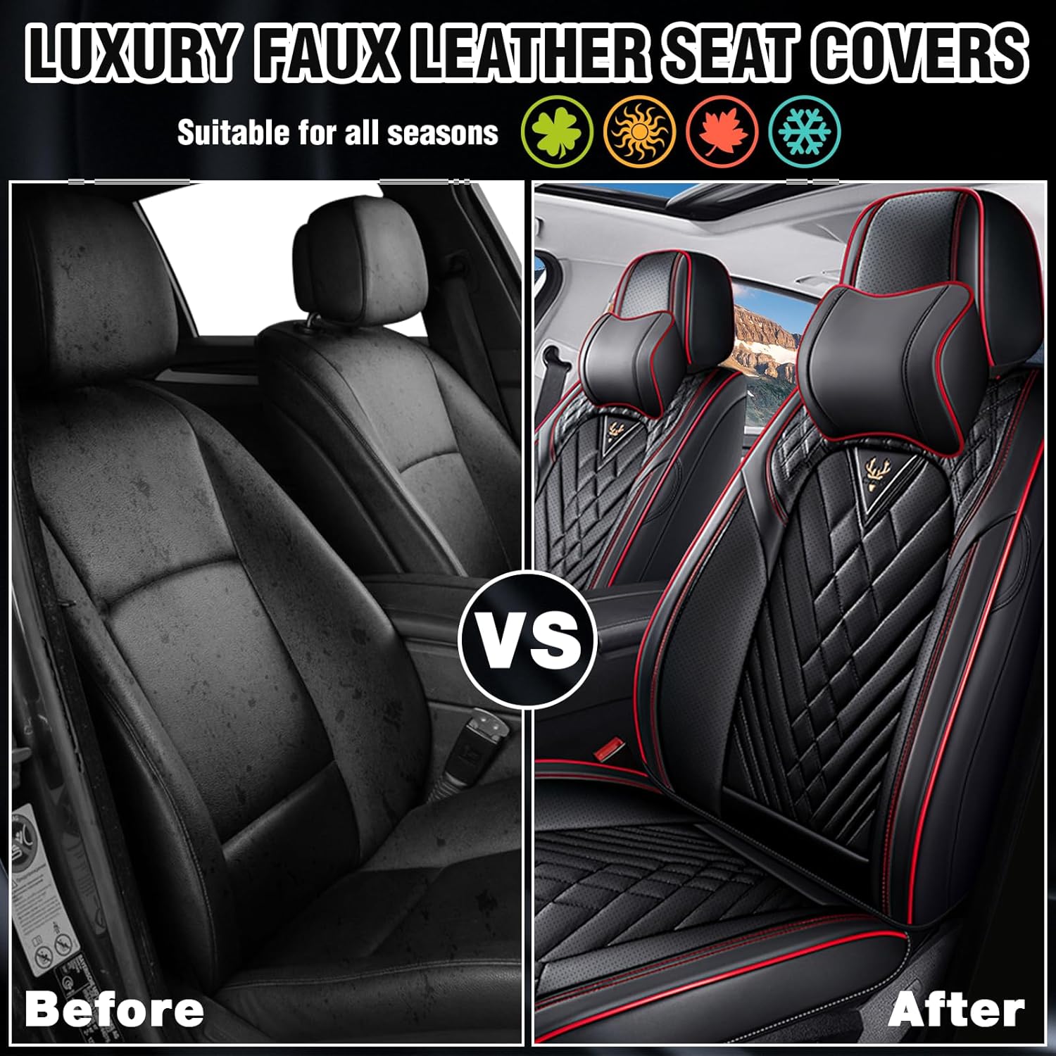 Car Seat Covers for Dodge Ram 1500 2002-2025, Waterproof Nappa Leather Car Seat Protector, Comfortable and Anti-Slip Car Seat Cover&Accessories(2 Seats with Headrests/Black Red)