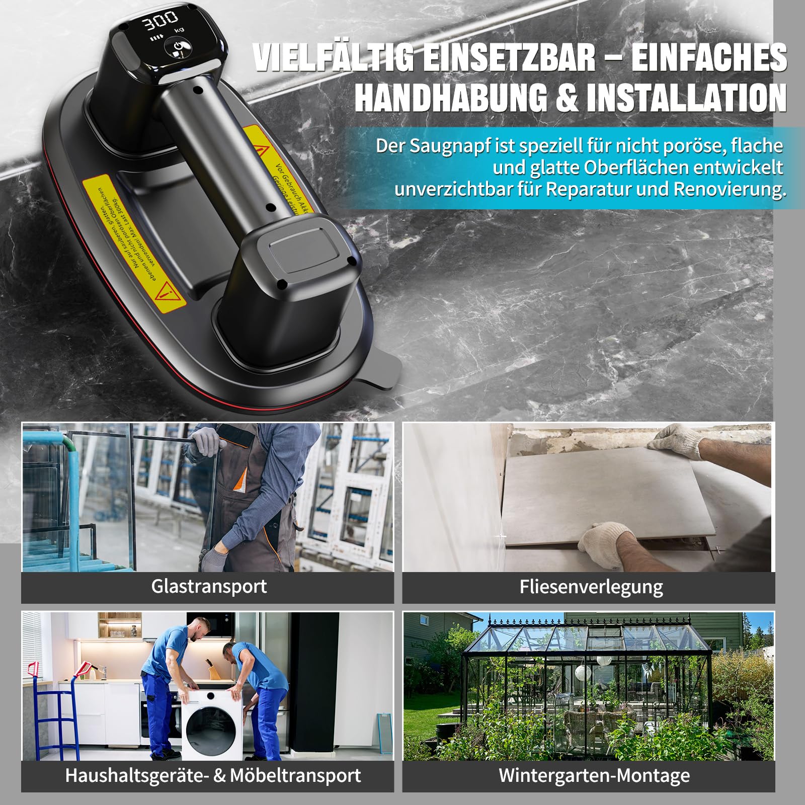 2er-Set 26cm Akku Saugheber für Fliesen,Elektrischer Saugheber Fliesensauger,Plattenheber Vakuumheber mit Auto-Nachsauge & LCD-Anzeige für Saugkraft & Akkulaufzeit,4500 mAh Akku,Max.300KG