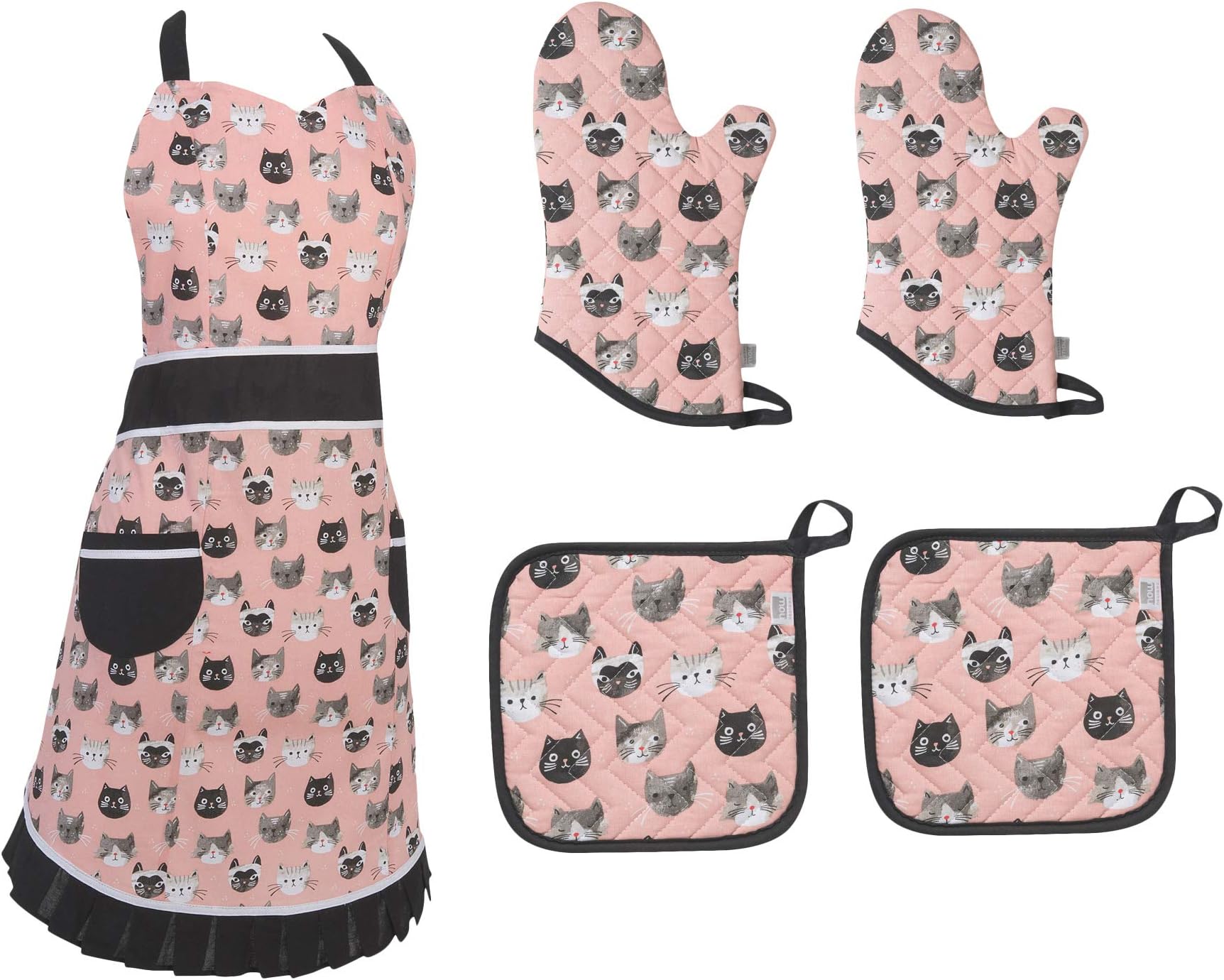 Cat Apron for Women with Pocket Durable Adjustable Kitchen Apron Cooking Baking Chef Apron for Wife Ladies Cat Design Apron Oven Mitts Pot Holders Set 5 pc