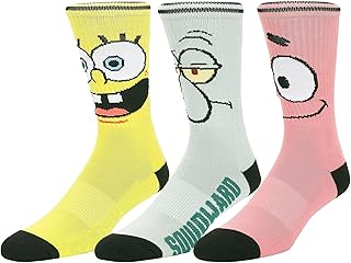 Spongebob Squarepants Big Face Spongebob Patrick and Squidward Mens Athletic Crew Socks 3 Pack