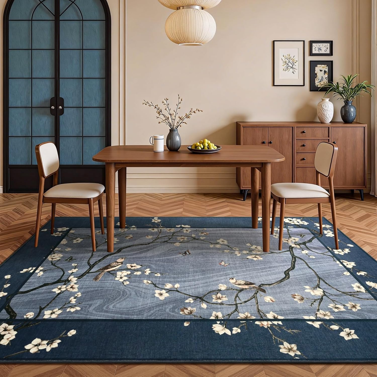 6x9 Area Rugs for Living Room Bedroom, Oriental Floral Birds Print Washable Rug, Soft Low Pile Non Slip Carpet for Dining Room Kids Room Farmhouse Office Home Decor, Blue