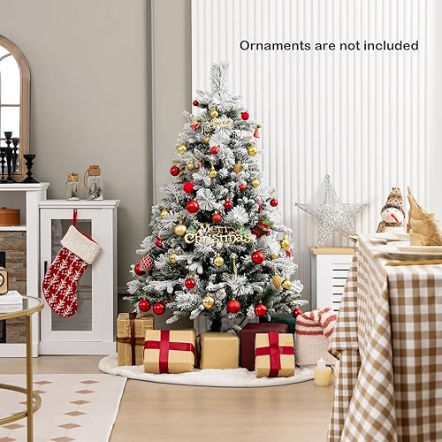 Miniatura 9 de GOFLAME Árbol de Navidad artificial de 4.5 pies con agujas de pino, árbol de Navidad flocado de nieve con 472 puntas de ramas de polietileno y PVC,