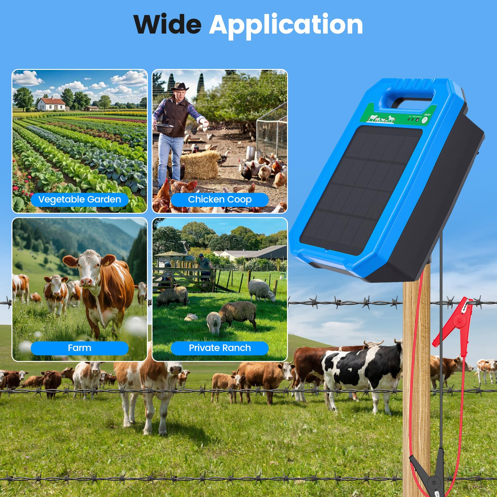 Pastor Eléctrico Solar 5KM, 0,2J Salida 8kV Impulso, Pastor Eléctrico con Panel Solar y Batería, IP55 Impermeable, Protección 24/7 para Ganado, Caballos, Aves de Corral