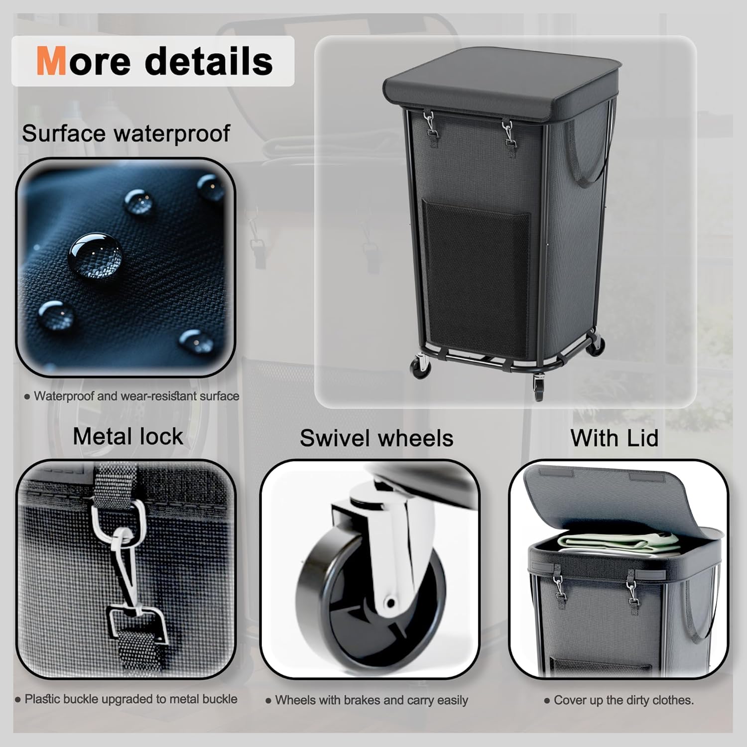 Laundry Basket with Lid and Wheels Rolling Laundry Basket, Removable Laundry Bag Design for Daily Use in Bathrooms and Laundry Rooms (Cover Black, 160L)