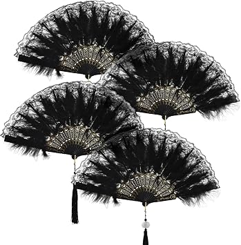 4 Pieces Feather Hand Fan 20s Vintage Folding Fan Embroidered Flower Marabou Feather Fan Drag Queen Fan for 20s Women Costume Party Wedding Dancing Photoshoot Decor Black