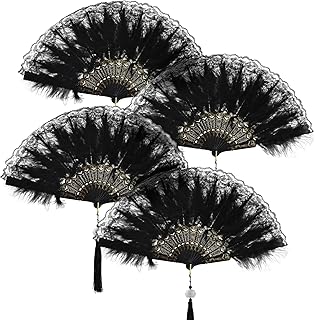 Mototo 4 Pieces Feather Hand Fan 20s Vintage Folding Fan Embroidered Flower Marabou Feather Fan Drag Queen Fan for 20s Women Costume Party Wedding Dancing Photoshoot Decor (Black)