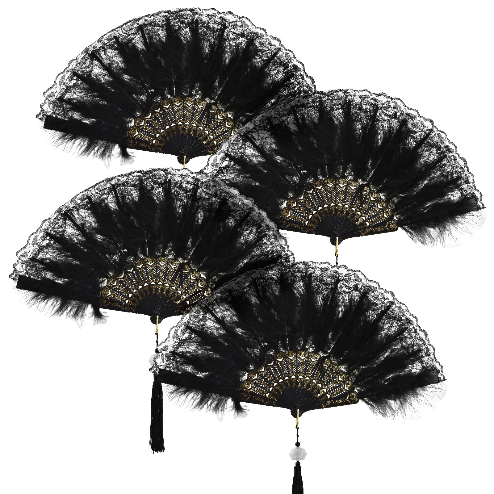 Mototo 4 Pieces Feather Hand Fan 20s Vintage Folding Fan Embroidered Flower Marabou Feather Fan Drag Queen Fan for 20s Women Costume Party Wedding