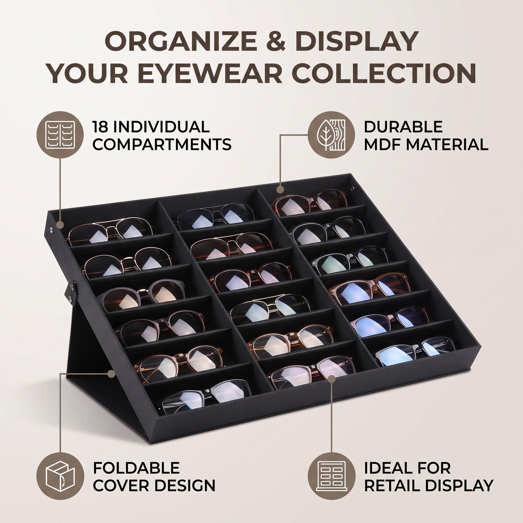 Wakects Expositor para Gafas y Joyas, Caja Organizadora de 18 Compartimentos, 47 x 37 x 6 cm